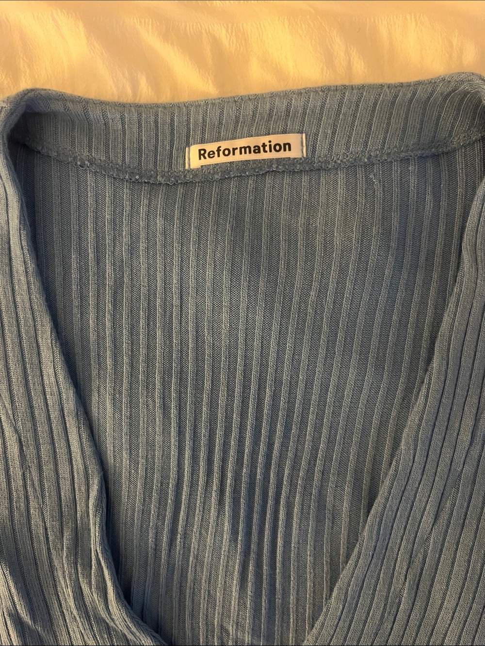 Reformation Blue Ribbed V-Neck Button Cardigan - Picture 2 of 4